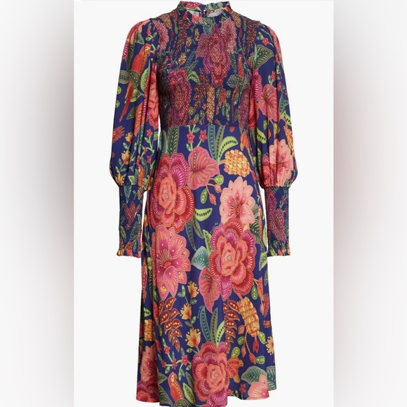 FARM Rio Dresses & Skirts - Farm Rio Macaw Bloom Floral Smocked Mock
Neck Juliet Sleeve Dress